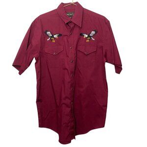 High Noon Mens Shirt Medium Western Style Embroidered Red Short Sleeve Casual
